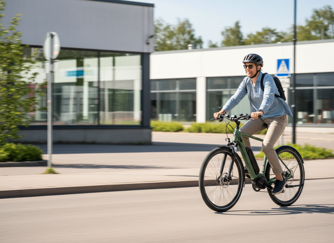 Henkilö koeajamassa aurinkoisena päivänä Yeply Recycled käytettyä sähköpyörää